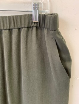 N/L, Dk Olive Grn, Silk, Solid, Crepe, Elastic Waist, Tapered Leg, 2 Side Pockets, Invisible Zipper in Back