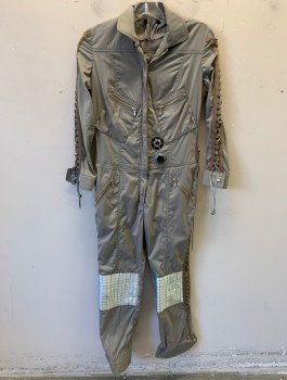 Womens, Sci-Fi/Fantasy Jumpsuit, N/L MTO, Putty/Khaki Gray, Tan Brown, Synthetic, Solid, W <38", B <34", G:56", Boiler Suit/Flight Suit Style, Long Sleeves, Zip Front, Twill Lace Up Panels at Sleeve Outseams and Waist/Pant Outseam, Metal Gears at Waist, Reflective Silver Quilted Knee Patches, 6 Zip Pockets, Made To Order