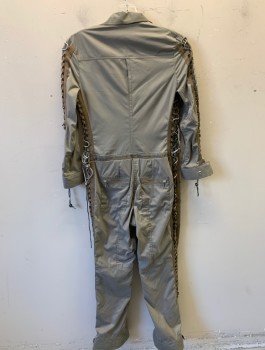 Womens, Sci-Fi/Fantasy Jumpsuit, N/L MTO, Putty/Khaki Gray, Tan Brown, Synthetic, Solid, W <38", B <34", G:56", Boiler Suit/Flight Suit Style, Long Sleeves, Zip Front, Twill Lace Up Panels at Sleeve Outseams and Waist/Pant Outseam, Metal Gears at Waist, Reflective Silver Quilted Knee Patches, 6 Zip Pockets, Made To Order