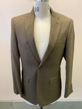 TOMMY HILFIGER, Olive Green, Dk Brown, Polyester, Viscose, Herringbone, Single Breasted, 2 Buttons, 3 Pockets, Notched Lapel, Double Vent