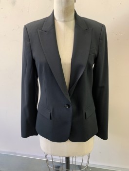 THEORY, Black, Polyester, Wool, Peaked Lapel, Single Breasted, Button Front, 2 Buttons, 3 Pockets