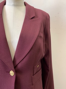 Smythe, Plum Purple, Wool, Solid, L/S, Peaked Lapel, Single Button, 4 Pockets, Buttons On Cuff