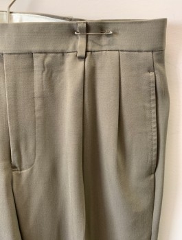 BROOKS BROTHERS, Lt Brown, Wool, Solid, Zip Front, Button Closure, Pleated Front, 4 Pockets, Cuffed, Creased