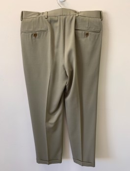 BROOKS BROTHERS, Lt Brown, Wool, Solid, Zip Front, Button Closure, Pleated Front, 4 Pockets, Cuffed, Creased