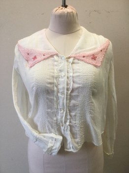 Womens, Blouse 1890s-1910s, N/L, White, Pink, Cotton, Solid, W28MAX, B36, Batiste, Button Front, with Wide Sailor Like Collar with Pink Embroidery at Trim, Long Sleeves, Tuck Pleats at Front. Some Stains on Back Neck Collar, Some Rust Stains at Right Cuff