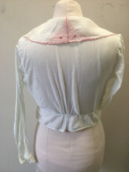 Womens, Blouse 1890s-1910s, N/L, White, Pink, Cotton, Solid, W28MAX, B36, Batiste, Button Front, with Wide Sailor Like Collar with Pink Embroidery at Trim, Long Sleeves, Tuck Pleats at Front. Some Stains on Back Neck Collar, Some Rust Stains at Right Cuff