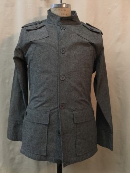 KANE & UNKE, Heather Gray, Cotton, Spandex, Heathered, Heather Gray, Button Front, Collar Stand, Epaulets, 4 Flap Pockets