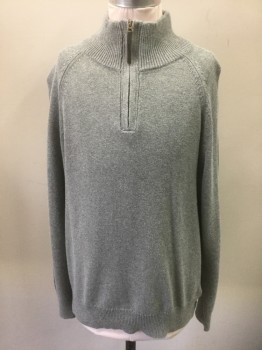 CREW CUTS, Gray, Cotton, Cashmere, Solid, Knit, Long Sleeves, Rib Knit Turtleneck, 7" Long Zipper at Center Front Neck, Pullover