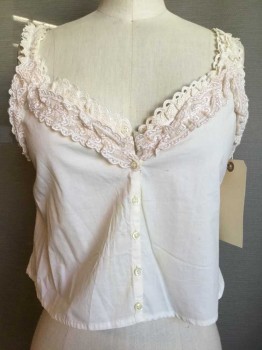 Womens, Camisole 1890s-1910s, Cream, Cotton, Lace, B30, Button Front, V-neck, Layered Scallopped Lace & Open Work Trim, Faint Water Stain