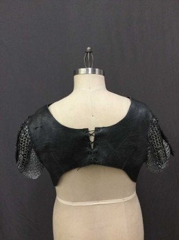 Mens, Historical Fict. Breastplate , Black, Silver, Leather, Metallic/Metal, Solid, 44, Roman Armor Upper Body, With Chain-mail Short Sleeve,  Lacing/Ties In Back