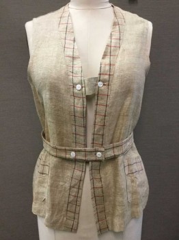 Womens, 1930s Vintage, Piece 1, NANCY MAID, Tan Brown, Red, Black, Linen, Solid, Plaid - Tattersall, 2 Piece Authentic Golf/Athletic Set: Tan Burlap Like Material, Sleeveless, Red + Black Tattersall Pattern Trim, Vest Like, W/Open Front W/2 White Button Closures, 2 Patch Pockets At Hips