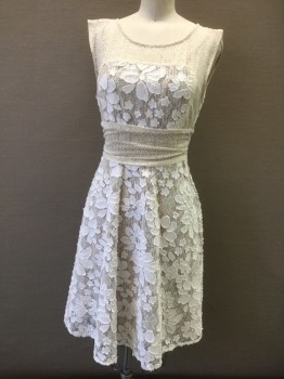 MOULINETTE SOEURS, Cream, White, Beige, Cotton, Polyester, Floral, Sheer White Lace with Cotton Flower Appliqués, Sleeveless, Cream Lace Accent Panel at Shoulders and Waistband, Sleeveless, Scoop Neck, A-Line, Knee Length, Back is Cream Lace in Wrapped V Closure, Solid Beige Slip Underlayer with Spaghetti Straps