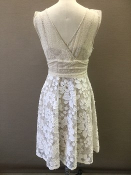 MOULINETTE SOEURS, Cream, White, Beige, Cotton, Polyester, Floral, Sheer White Lace with Cotton Flower Appliqués, Sleeveless, Cream Lace Accent Panel at Shoulders and Waistband, Sleeveless, Scoop Neck, A-Line, Knee Length, Back is Cream Lace in Wrapped V Closure, Solid Beige Slip Underlayer with Spaghetti Straps