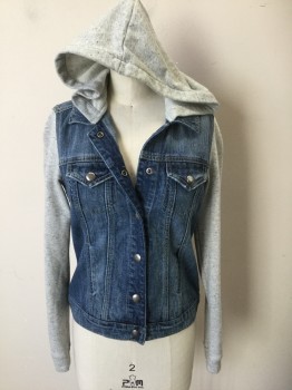 HINGE, Denim Blue, Heather Gray, Cotton, Polyester, Solid, Heathered, Medium Blue Denim Body, Heathered Gray Jersey Long Sleeves and Hood, Button Front, 4 Pockets