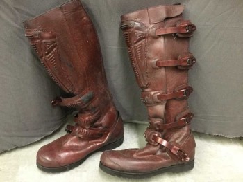 Mens, Sci-Fi/Fantasy Boots , MTO, Red Burgundy, Red, Leather, Plastic, 13, Made To Order, Knee High Boots, Burgundy Leather, Plastic Straps and Details, Multiples