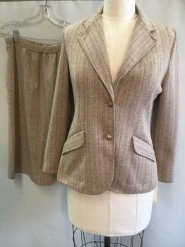 Womens, 1980s Vintage, Suit, Jacket, ACROSS THE STREET, Taupe, Maroon Red, Blue, Polyester, Stripes, Mottled, W 28, B 36, Single Breasted, 2 Buttons,  Collar Attached, Notched Lapel, 2 Pockets