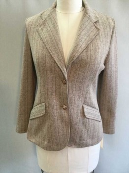 Womens, 1980s Vintage, Suit, Jacket, ACROSS THE STREET, Taupe, Maroon Red, Blue, Polyester, Stripes, Mottled, W 28, B 36, Single Breasted, 2 Buttons,  Collar Attached, Notched Lapel, 2 Pockets