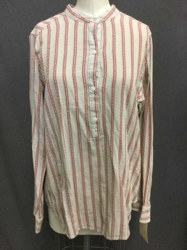 Womens, Historical Fiction Blouse, ABERCROMBIE & FITCH, Off White, Faded Red, Cotton, Stripes, S/M, Pull On, 4 Buttons, Collar Band, Long Sleeves,aged Distressed