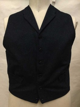 Mens, Vest 1890s-1910s, Navy Blue, Wool, Cotton, Heathered, Ch 44, Heathered Navy, Button Front, Notched Lapel, 2 Faux Pockets,