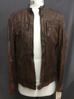 DANIER, Chestnut Brown, Leather, Solid, Zip Front, Band Collar with Snap Tab. 4  Vertical Zipper Pocket, Diagonal Zipper Cuffs, Reenforcement Patching At Shoulder, Bicep, Cotton Lining
