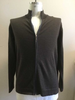 BARNEY'S , Brown, Navy Blue, Wool, Solid, Zip Front, Moc Neck, Long Sleeves, Rib Knit Collar