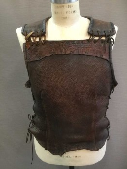 Mens, Historical Fict. Breastplate , MTO, Brown, Red, Leather, Metallic/Metal, L, Textured Brown Leather Front and Back, Darts In Front and Back, Center Back Seam, Lace Up Sides, Lace Shoulders, Red Studded and Textured Yoke