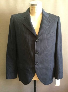 Mens, Suit, Jacket, 1890s-1910s, NO LABEL, Navy Blue, Wool, Stripes - Vertical , 42R, 3 Button Closure, 3 Pockets, Navy with White Vertical Pinstripes,