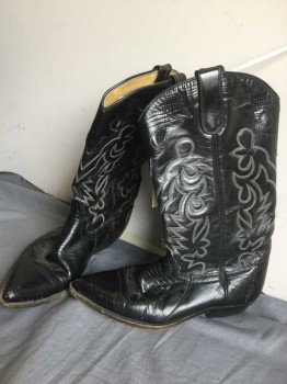 Womens, Cowboy Boots, N/L, Black, Leather, Solid, 7.5, Pointy Reptile W/cream Stitching Detail on Shaft