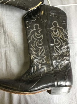 Womens, Cowboy Boots, N/L, Black, Leather, Solid, 7.5, Pointy Reptile W/cream Stitching Detail on Shaft