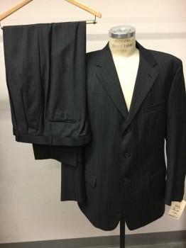 MONTEFINO, Charcoal Gray, White, Wool, Stripes - Pin, Single Breasted, Notched Lapel, 3 Buttons,