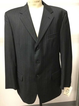 Mens, Suit, Jacket, MONTEFINO, Charcoal Gray, White, Wool, Stripes - Pin, 44R , Single Breasted, Notched Lapel, 3 Buttons,