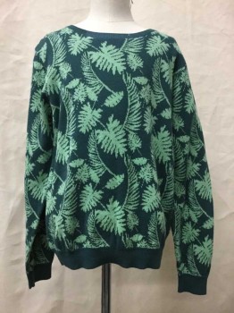 Childrens, Sweater, Velveteen, Forest Green, Mint Green, Cotton, Floral, L, Crew Neck, Fig Leaf Print