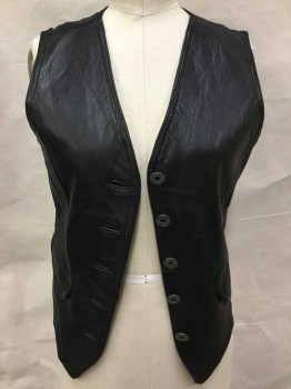 Womens, Leather Vest, LIMITED, Black, Leather, Nylon, Solid, S, Black Leather Front, Black W/self Diamond Back W/short Belt & 2 D-ring Buckles, V-neck, Metal Button Front, 2 Pockets W/flap