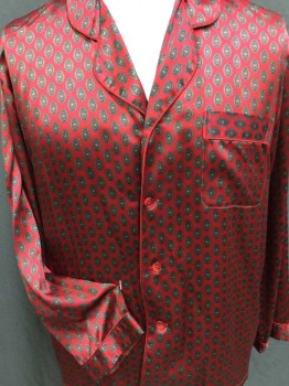 WINTER SILK, Red, Brown, Black, Yellow, Silk, Novelty Pattern, Diamonds, Notched Lapel, Button Front, 1 Pocket & Long Sleeves Cuffs, All with Red Piping Trim
