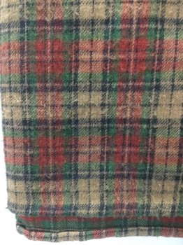 Womens, Shawl 1890s-1910s, Beige, Red, Green, Navy Blue, Cotton, Plaid, Flannel, Rectangle with Finished Edges, **Pilled Slightly Throughout,