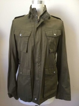 WOOLRICH, Dk Olive Grn, Cotton, Solid, Zip/Snap Front, 4 Pockets, Snap Tab Waists, Epaulets, Buckle Collar, Snap Cuff