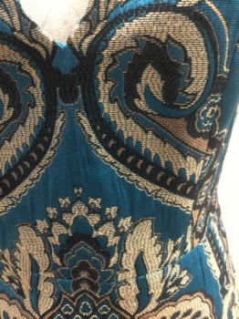 ALICE + OLIVIA, Turquoise Blue, Cream, Black, Viscose, Polyester, Abstract , Turquoise with Cream and Black Baroque Pattern with Beige Accents, Sleeveless, Plunging V-neck, Hem Above Knee,  Zipper at Center Back