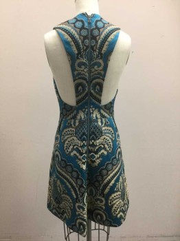 ALICE + OLIVIA, Turquoise Blue, Cream, Black, Viscose, Polyester, Abstract , Turquoise with Cream and Black Baroque Pattern with Beige Accents, Sleeveless, Plunging V-neck, Hem Above Knee,  Zipper at Center Back
