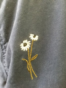 MADEWELL, Navy Blue, White, Olive Green, Cotton, Floral, Navy with White and Olive Flower Bunches Embroidery Scattered Throughout, Zip Front, Stand Collar, 3 Outside Pockets, Drawstring at Inside Waist, No Lining, 1 Inside Pocket, Hip Length