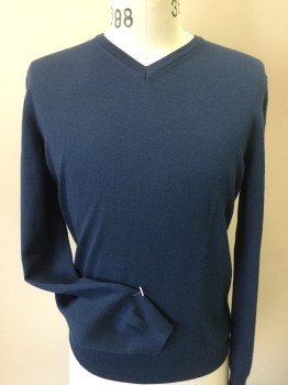 BOSS, Teal Blue, Wool, Solid, Mute Teal Blue, Knit Ribbed V-neck, Long Sleeves Cuffs & Hem