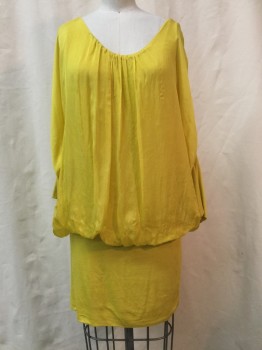 CAT WALK STUDIO, Yellow, Synthetic, Solid, Yellow,  Gathered Scoop Neck, Knit 3/4 Sleeves & Skirt