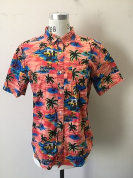 VANS, Peach Orange, Red, Blue, Yellow, Black, Cotton, Lycra, Novelty Pattern, Palm Trees, Campers, Dog and Trash Can Print, Short Sleeves, Collar Attached, Button Front, 1 Pocket,
