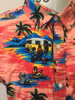 VANS, Peach Orange, Red, Blue, Yellow, Black, Cotton, Lycra, Novelty Pattern, Palm Trees, Campers, Dog and Trash Can Print, Short Sleeves, Collar Attached, Button Front, 1 Pocket,