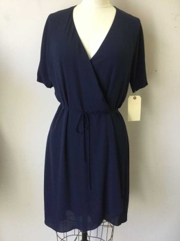 BABATON, Navy Blue, Silk, Solid, Double Layer, Short Sleeves, Above Knee Wrap Dress
