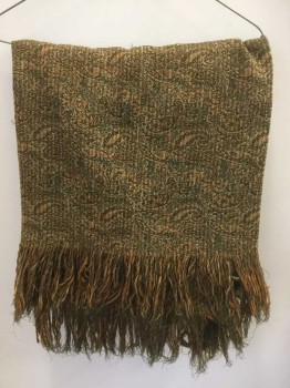 Womens, Shawl 1890s-1910s, N/L, Olive Green, Rust Orange, Beige, Wool, Paisley/Swirls, Textured with Fringe/Tassel Ends,