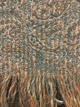 Womens, Shawl 1890s-1910s, N/L, Olive Green, Rust Orange, Beige, Wool, Paisley/Swirls, Textured with Fringe/Tassel Ends,