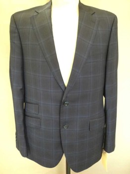 BARTORELLI, Black, Royal Blue, Wool, Plaid, Single Breasted,  Notched Lapel, 4 Pockets, 2 Buttons,