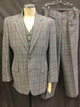 Mens, 1980s Vintage, Suit, Jacket, J.K., Gray, Cream, Cranberry Red, Wool, Cotton, Plaid, 44L, Single Breasted, 2 Buttons,  Notched Lapel, 3 Pockets,