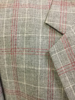 Mens, 1980s Vintage, Suit, Jacket, J.K., Gray, Cream, Cranberry Red, Wool, Cotton, Plaid, 44L, Single Breasted, 2 Buttons,  Notched Lapel, 3 Pockets,