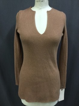 ANTHROPOGIE, Sienna Brown, Acrylic, Solid, V-neck, Rib Knit, Long Sleeves, Side Slits